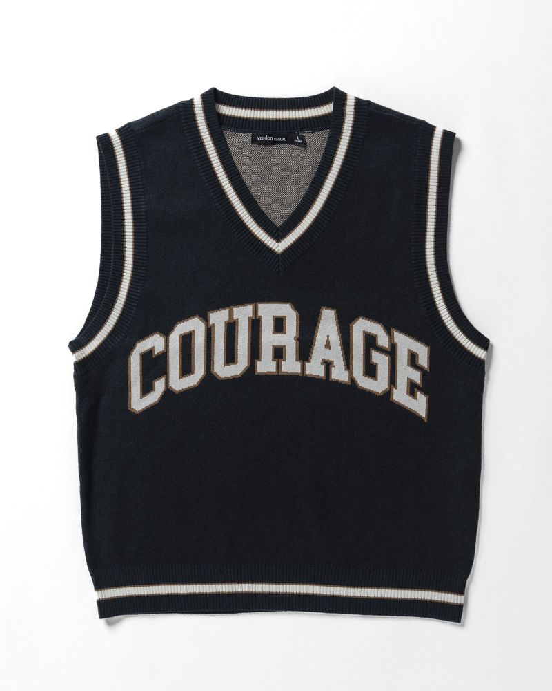 Yishion Men Knitted Varsity Vest With Contrasting Colour Hems and 'COURAGE' Slogan (Dk. Blue)