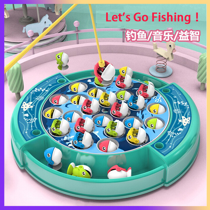 Let's Go Fishing ! Electric Rotating Fishing Game | with Music On/Off Switch for Quiet Play | Includes 24 Fish and 4 Poles | Gift Toy for Kids and Toddlers Age 3 4 5 6 7
