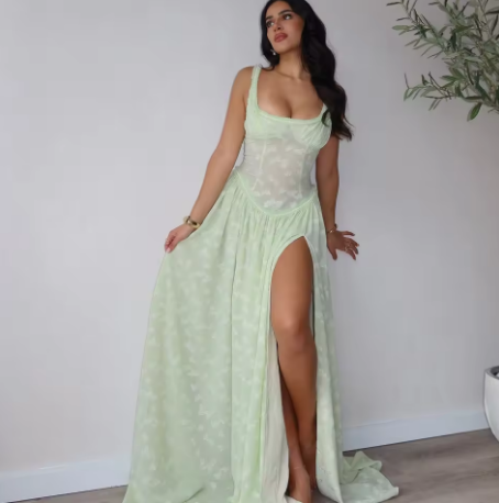 Suninheart Green Summer Maxi Dress Sexy High Slit Mesh Embroidered Dress for Women Slim Elegant Holiday Party Dress Wholesale