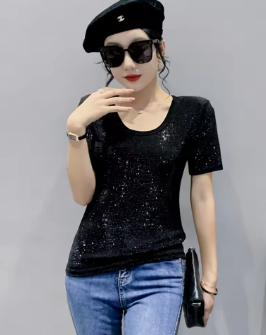 Summer European Clothes T-Shirt Chic Sexy Shiny All Diamonds Women Tops Short Sleeve Bling Hand Make 2022 Tees