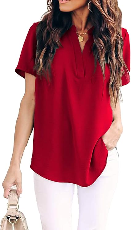 Allimy Women Summer Casual Split V Neckline Chiffon Blouses Loose Tunic Short Sleeve Tops