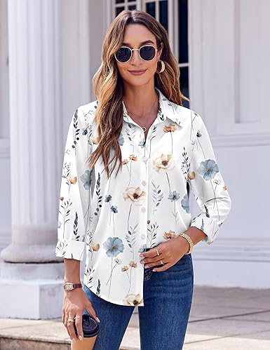 Zeagoo Button Down Shirts for Women Dressy Floral Printed Long Sleeve Blouse Business Casual Work Tops