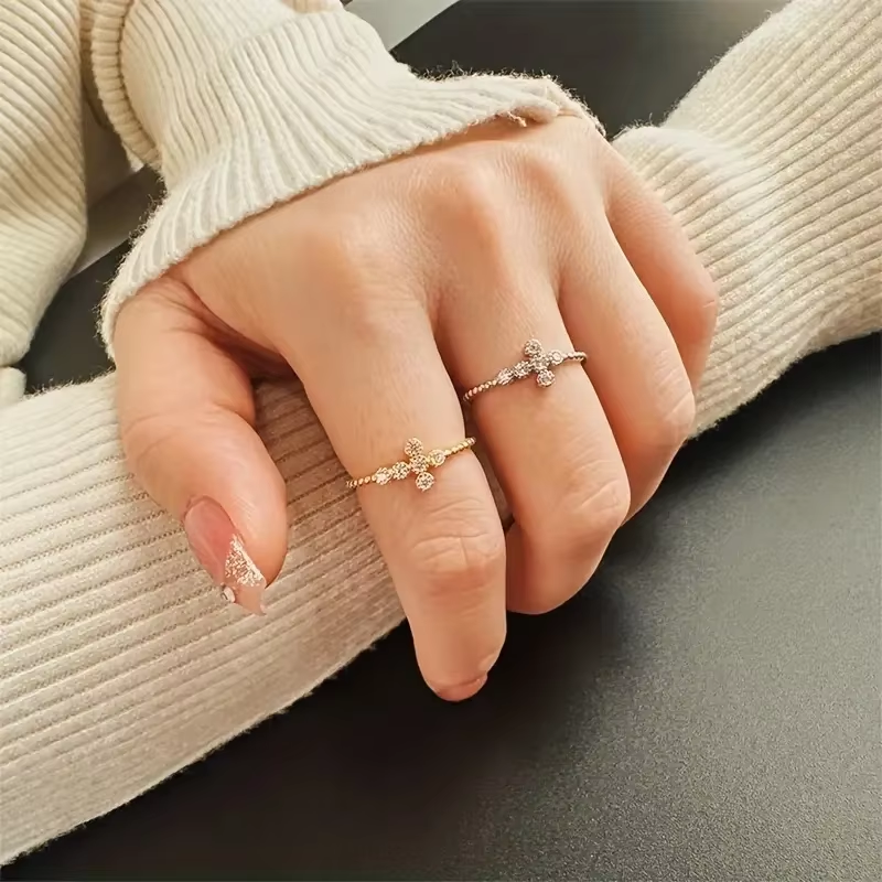Huitan Delicate Trendy Cross Ring for Women Bright Round Zirconia Finger Jewelry Gold Color/Silver Color Accessories for Female