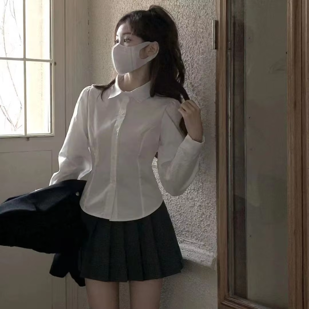 Preppy Bandage Basic White Shirt Women Slim Long Sleeve Cute Top School Button Down Tunic Shirts Blouse Female Casual Lady