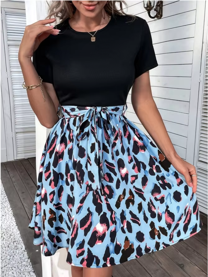 Ladies Leopard Print 2025 Summer New Dress Black Round Neck Short Sleeves Patchwork Printed Strap Bow Foreign Style Mini Dresses