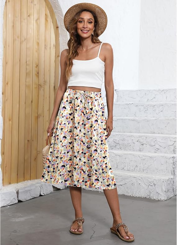 Flowy Skirt Midi Length Elastic High Waist A-Line Skirt with Pockets Bohemia for Women 2025 Trendy(S-2XL)