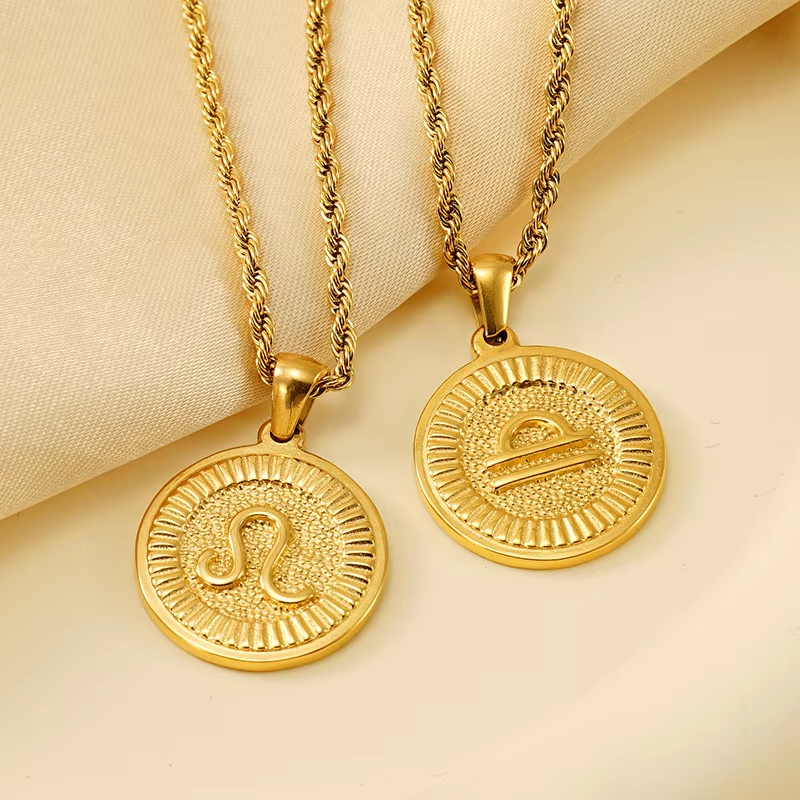 Waterproof 12 Constellation Pendant Necklace Stainless Steel Vintage 18K Gold Color Coins Zodiac Sign Fashion Jewelry