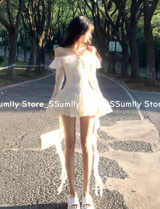 France Sweet Off Shoulder One Piece Dress Women Elegant Sexy Slim Party Clothes Female Korean Chic Design Fairy Dresses 2025 New