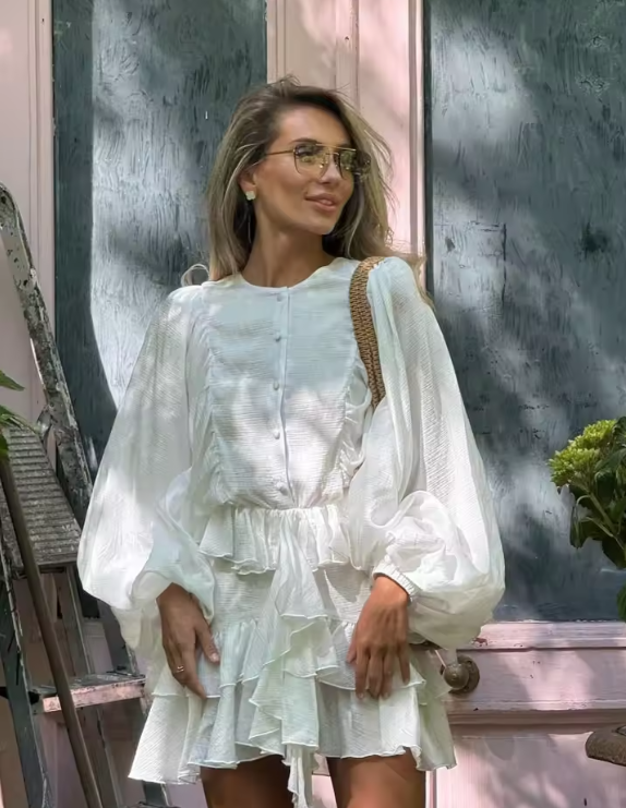 Chic Round Neck Full Sleeve Mini Dress Elegant Solid Layered Curling Edge Single-breasted Gown New Lady Highstreet Dresses 2025