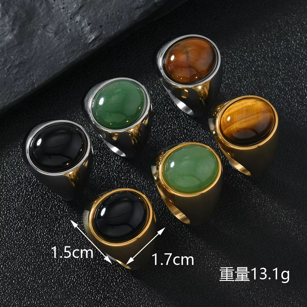 HNSP 316L Stainless Steel Oval Natural Stone Ring For Men Women Finger Vintage Jewelry Black Green Tiger Eye Stone Rings