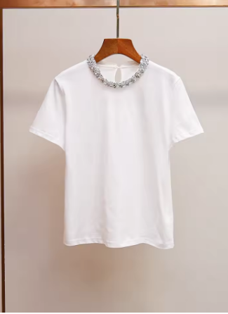 White Women Short Sleeve Casual Tee Tops Summer New 2025 Diamond Decoration O-Neck Simple All-Match Tee Tops for Female