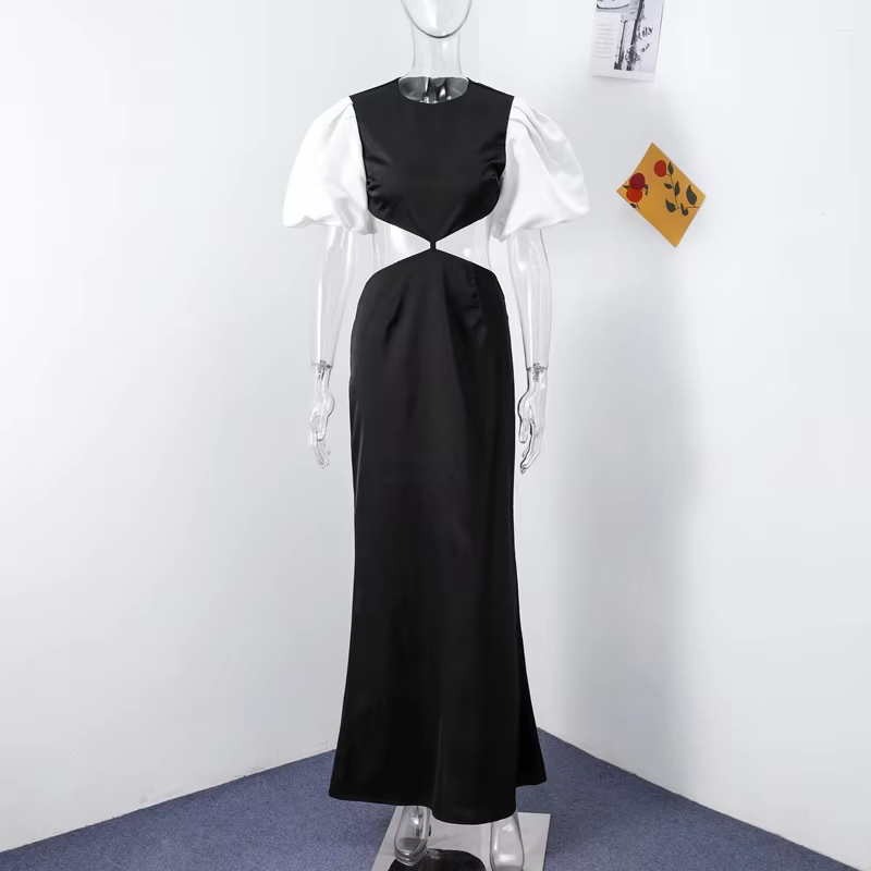 Elegant Puff Sleeve Evening Gowns Women Sexy Hollow Out Waist Short Sleeved Long Dresses 2025 Summer New Contrast Party Vestidos