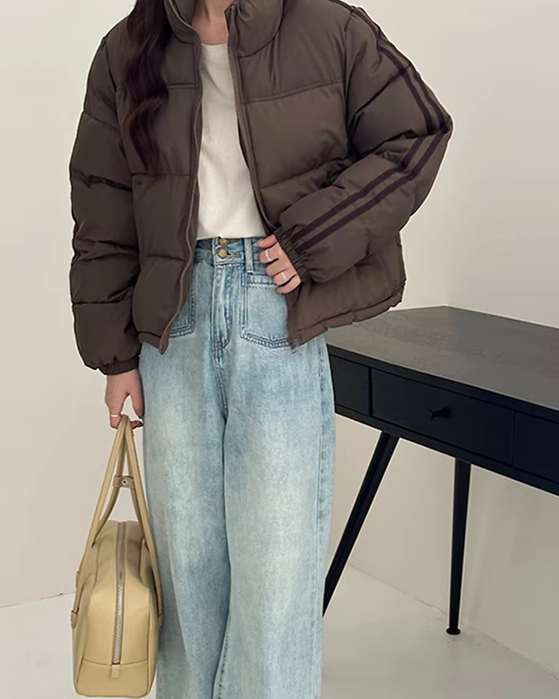 American Vintage Short Parkas Women Casual All Match Loose Striped Turtle Neck Short Down Coat Female Thick Warm New Outerwear