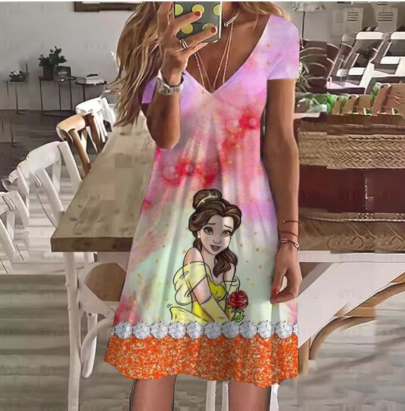 2023 New Disney Princess Casual Pattern Printing Ladies Dress V Neck Short Sleeve Dress Summer Casual Beach Wind Dress