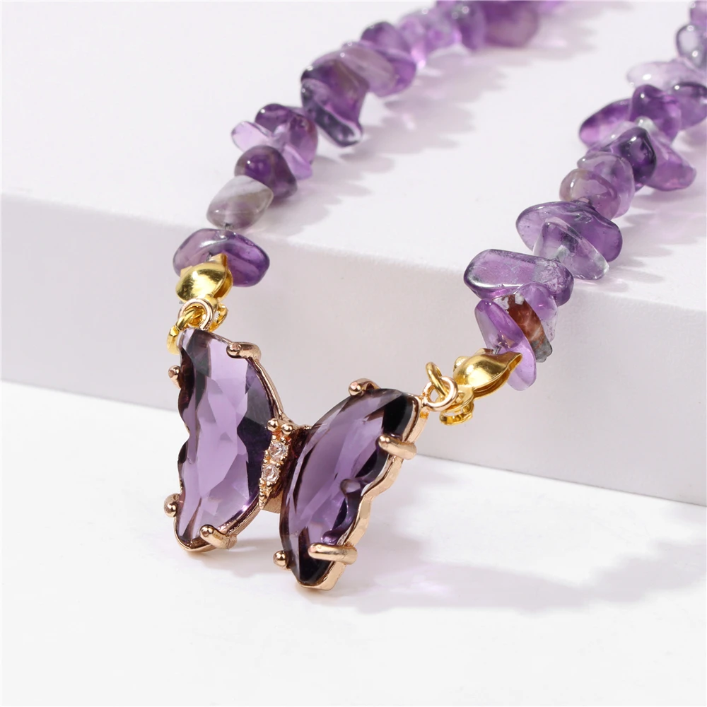 Trendy Butterfly Crystal Necklace Natural Purple Amethysts Quartzs Crystal Chip Stone Necklace Jewelry Gift For Women Couple
