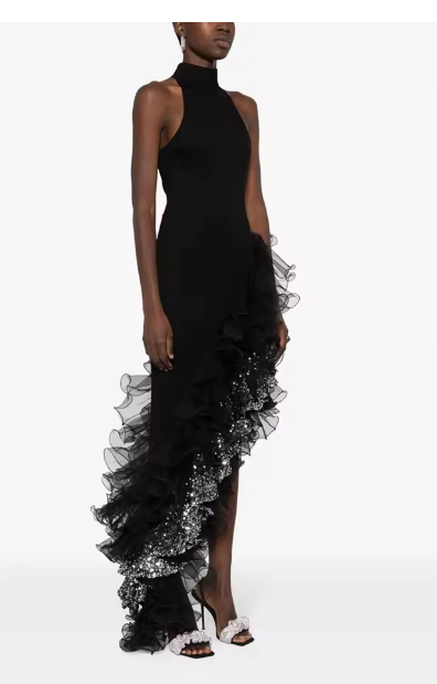 TWOTWINSTYLE Hit Color Spliced Sequines Slimming Dresses For Women O Neck Sleeveless High Waist Temperament Dress Female Fashion