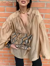 Casual Blouse Women Loose V-neck Satin Shirts Female Lantern Sleeve Lace up Spring Summer Khaki Top Lady All-match Holiday Cozy