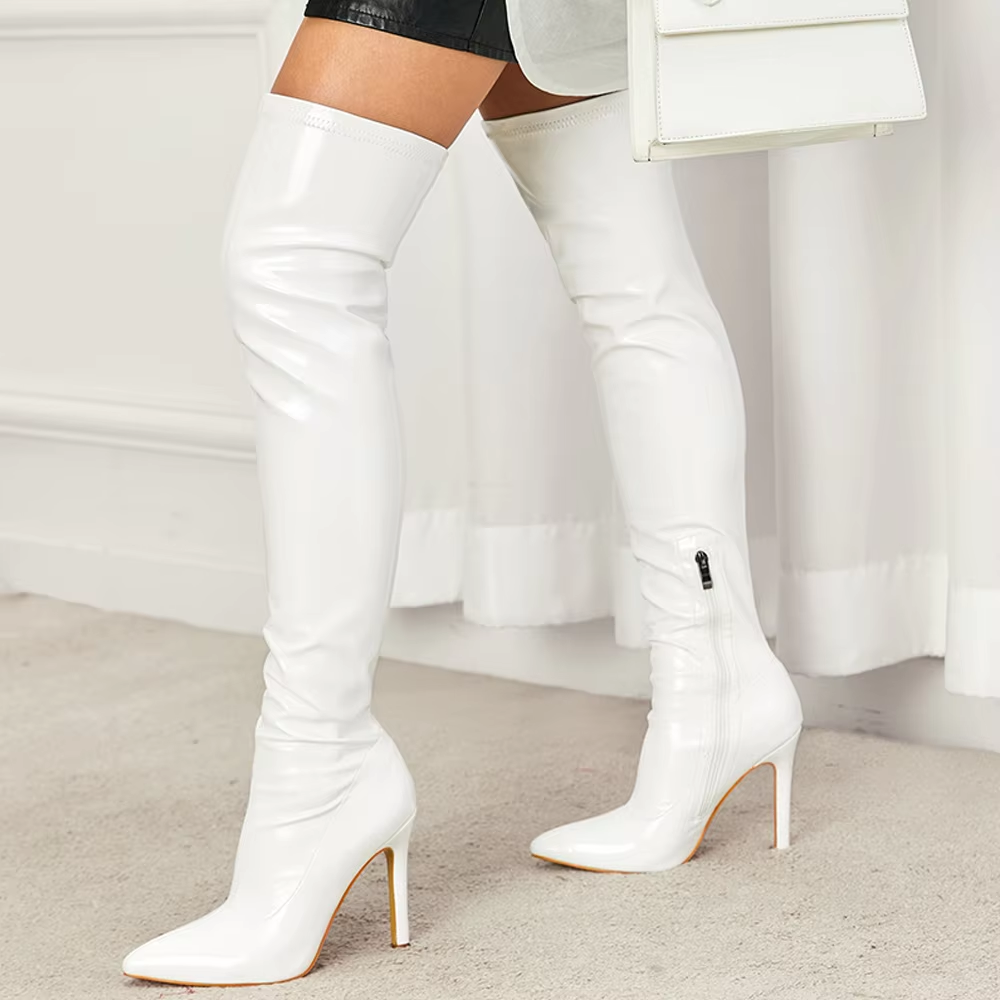 Sexy Over-the-Knee Boots Women Soft Patent Leather Pointed Toe Zipper Stiletto High Heels Party Strippers Ladies Long Shoes