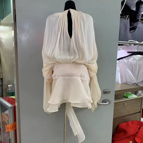 VGH Minimalist Solid Loose Short Dresses For Women Round Neck Long Sleeve High Waist Spliced Lace Up Chic Dress Female Fashion