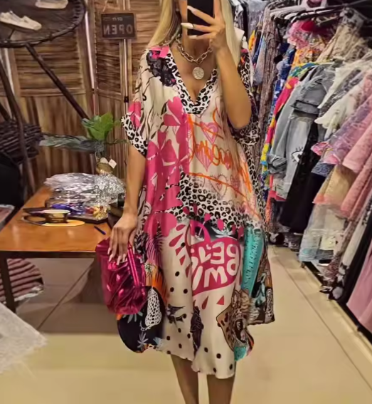 Casual V Neck Loose Midi Dresses For Women Summer Leopard Colorful Printed A-Line Party Dress Short Sleeve Female Clothing