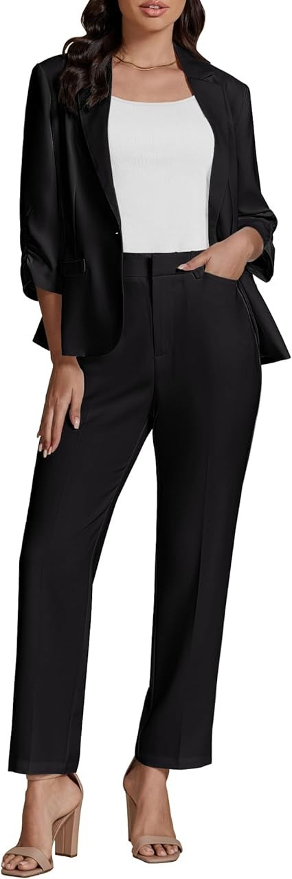luvamia Pant Suits for Women Dressy 2 Piece Business Casual Outfits 3/4 Sleeve Blazer Straight Leg Pant Sets Office Work