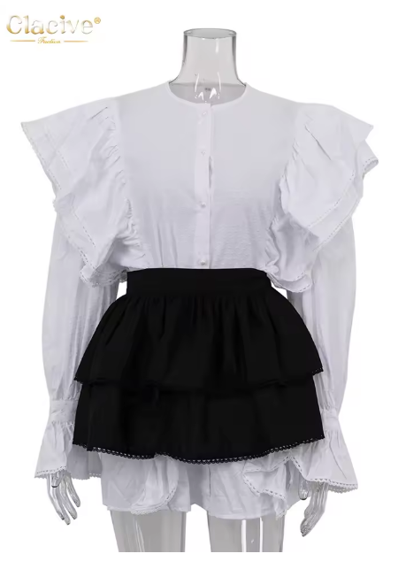 Clacive Fashion Loose White Cotton Dress Ladies Casual O-Neck Long Sleeve Mini Dress Elegant Classic Pleated Dresses For Women