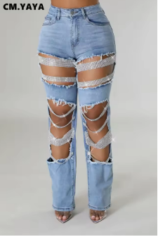 CM.YAYA Women Fashion Pearl Beading Ripped Hollow Out Tassel Wide Leg Jeans 2024 New Summer INS Street Denim Pants Trousers