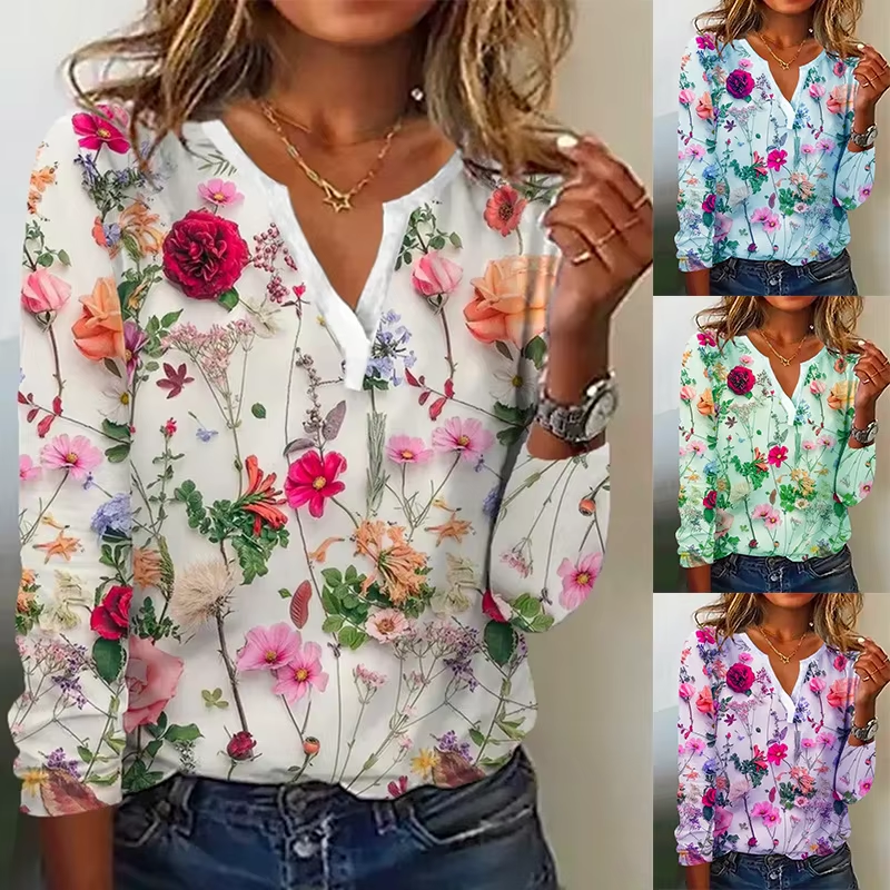 2024 Summer Flower Printed Long Sleeved T-shirt Women Loose Elegant Tops V-neck Office Lady Vacation Beach Casual Sweet Blouse