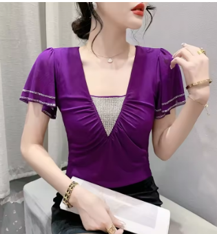 New Summer European Clothes Women's T-Shirt Chic Sexy V-Neck Hot Diamonds Tops Fashion Girl Ruffles Sleeve Casual Mesh Tees
