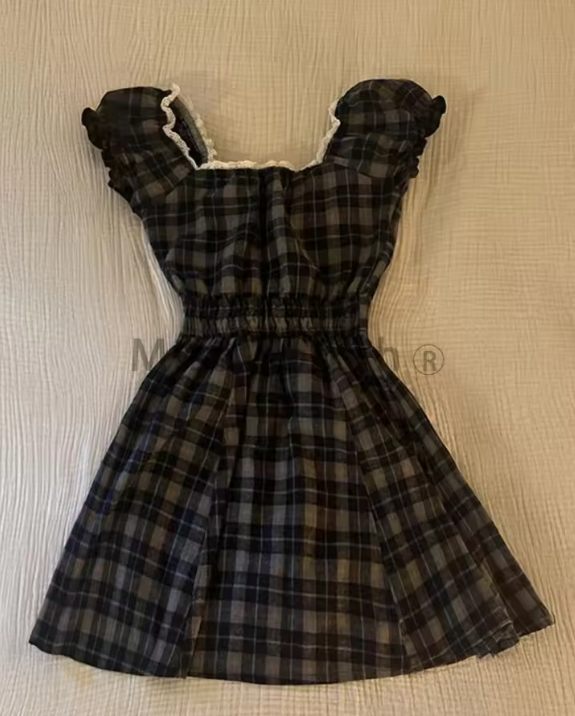 Preppy Style Sweet Plaid Short Sleeve Dress Women Vintage Casual Square Neck Slim A-line Dresses Summer Chic Thin Lace Clothing