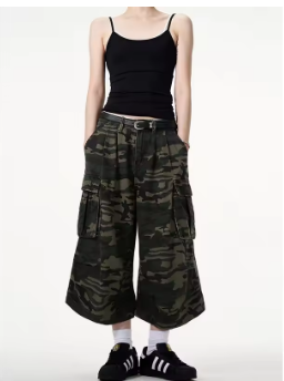 Women Short Jeans Green Camouflage American Vintage Y2K Straight Streetwear Wide Leg Pants High Waist Female Summer Denim Shorts